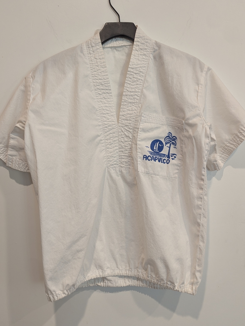 Vintage Acapulco Pocket Pullover Shirt - White with Blue Graphic